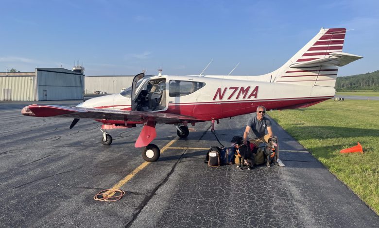 Welsh arrives at Lebanon, New Hampshire (KLEB), with passengers Mingus, left, and Mozzie. Photo by Ben Welsh