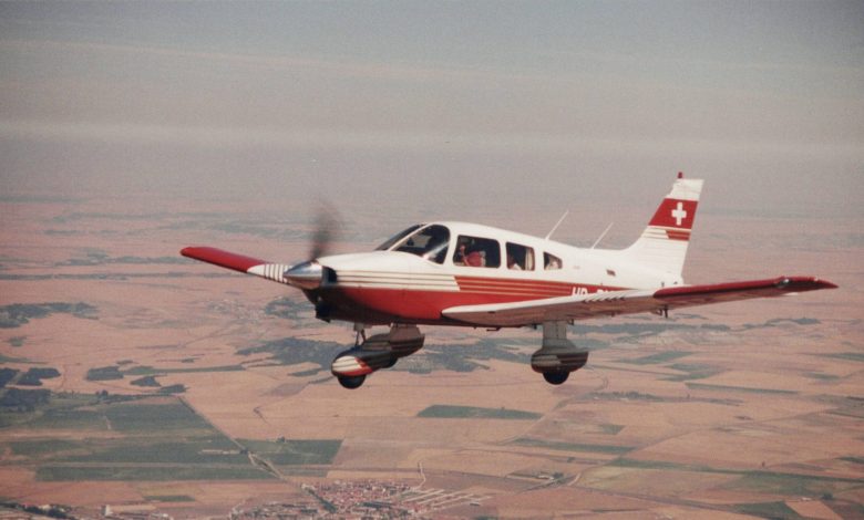 A Piper Cherokee tracing the skies over the Spanish countryside en route to Portugal.