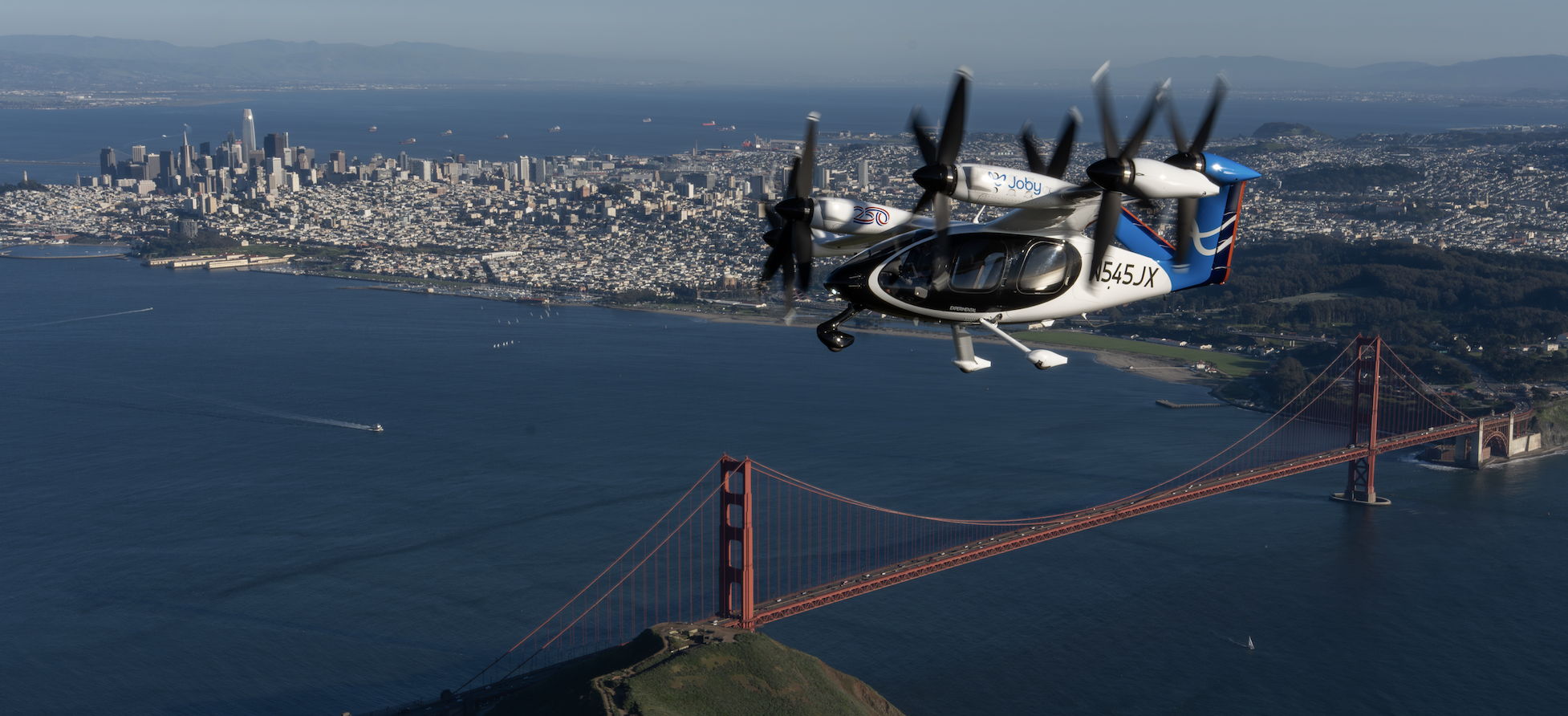 Joby’s electric aircraft flies over the Golden Gate Bridge in San Francisco, California.
