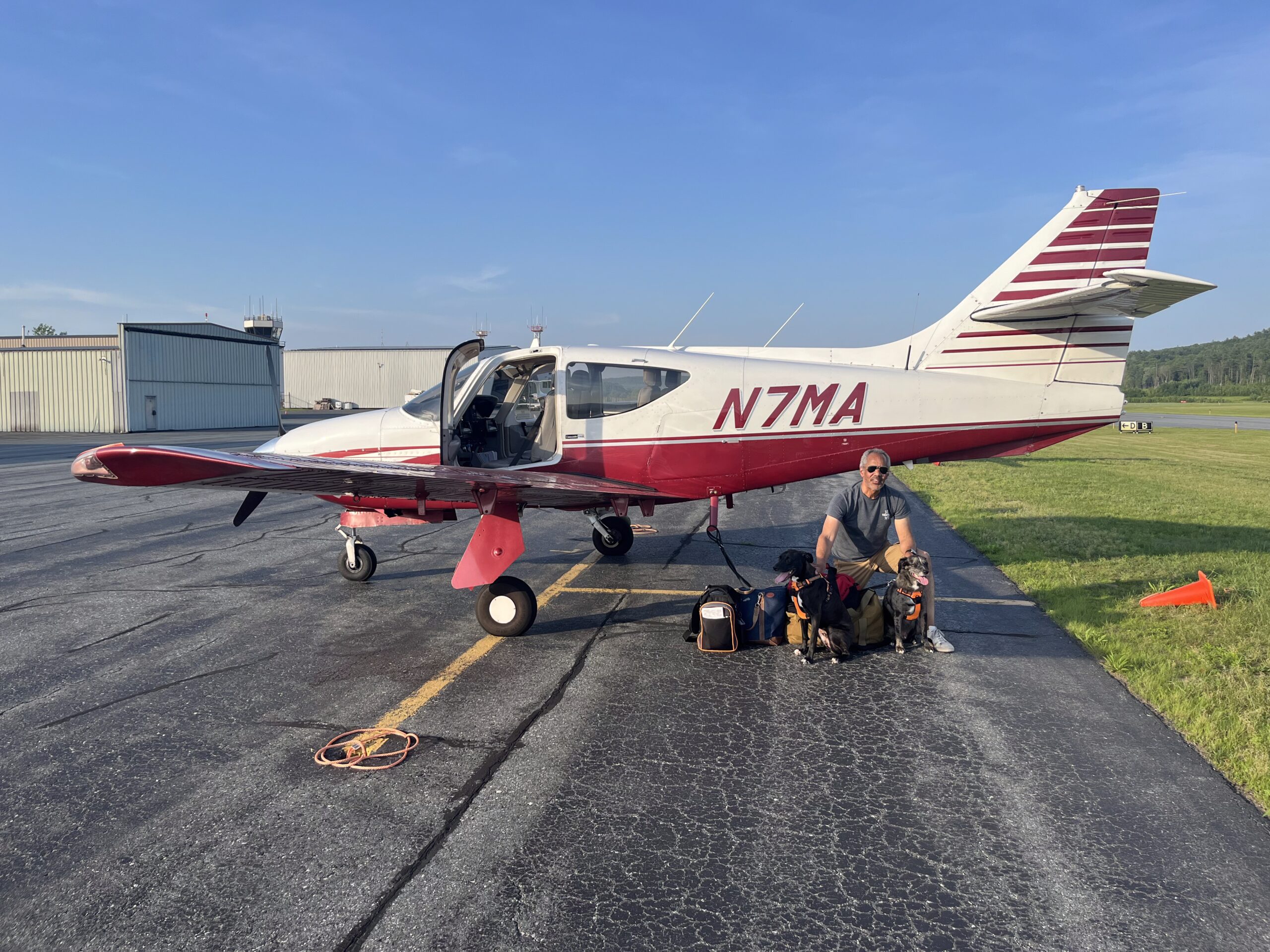 Welsh arrives at Lebanon, New Hampshire (KLEB), with passengers Mingus, left, and Mozzie. Photo by Ben Welsh