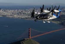 Joby’s electric aircraft flies over the Golden Gate Bridge in San Francisco, California.
