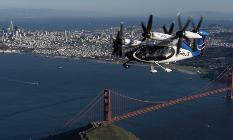 Joby’s electric aircraft flies over the Golden Gate Bridge in San Francisco, California.